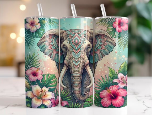 Tropical Boho Elephant Hibiscus Tumbler