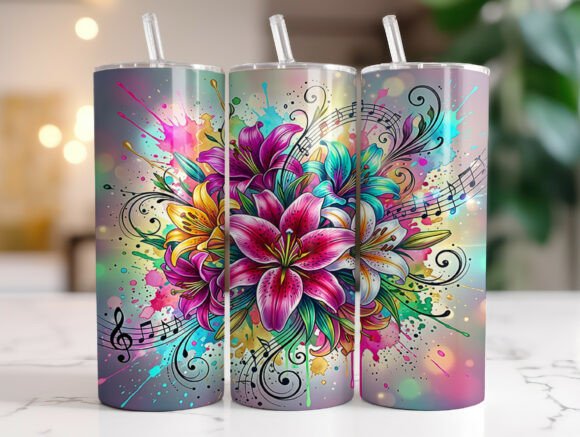 Vibrant Lily Bloom Music Notes Tumbler
